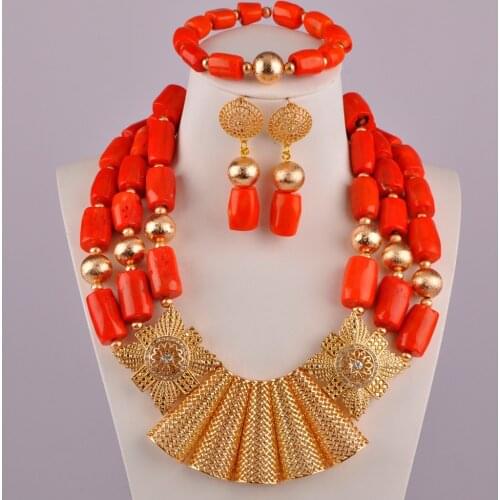 Luxurious nigerian orange coral beads jewelry set costume african jewelry set for women C21-25-01