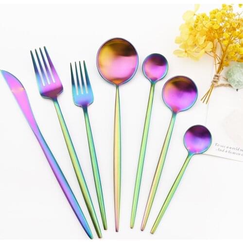 304 Stainless Steel Dinnerware Round Handle Colorful Cutlery Set Knife Dessert Fork Coffee Spoon Tableware Set Kitchen Flatware