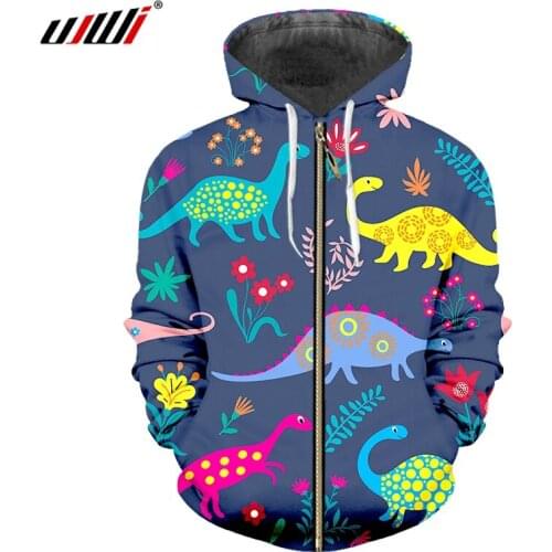 UJWI Zipper Hoodies Man New Personality 3D Printed Funny Dinosaur Cute couple Colorful Big Size Unisex Zip Hooded Sweatshirts