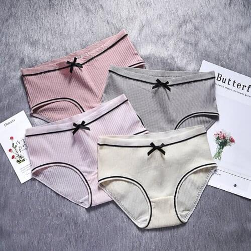 Japan Cotton Health Panties Sexy Stripe Women Plus Size Underwear 10 Color Intimate Briefs Lovely Bow Comfort Sleep Lingerie