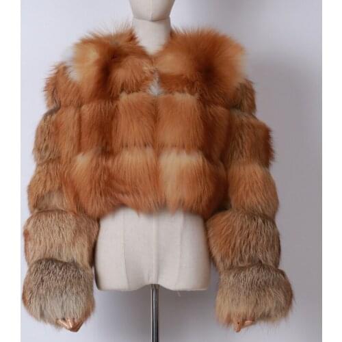 Womens Real Fox Fur Jacket O neck Long Sleeve Ladies Natural Fur Coat Short