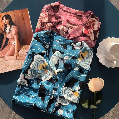 Women High Quality Silk Notched Long Sleeve Floral Printing Blouse Shirt