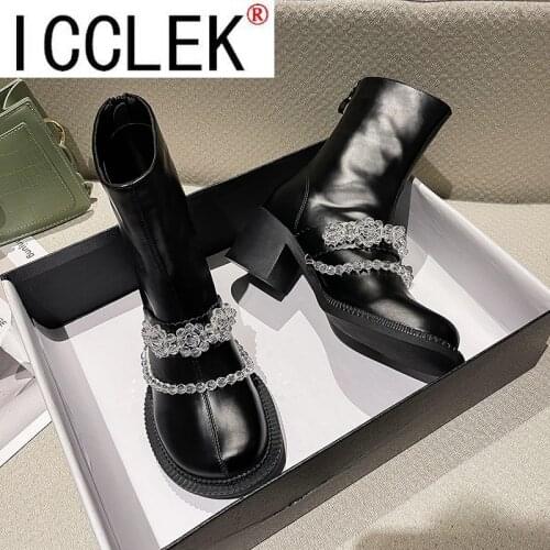 Womens Crystal Beads Floral Chain Ankle Boots Round Toe Block High Heel Shoes Black White Real Leather New 2022 Ytmtloy Bottines