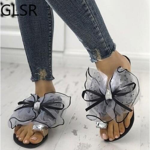 Sweet Bowtie Lace Floral Women Flats Slippers Fashion Crystal Rhinestone Girls Slides Outdoor Beach Shoes Plus Size 42