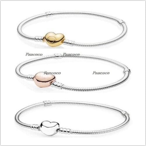 925 Sterling Silver Bracelet Rose Love Heart Clasp Snake Chain Bangle Fit Women Bead Charm Diy Pandora Jewelry