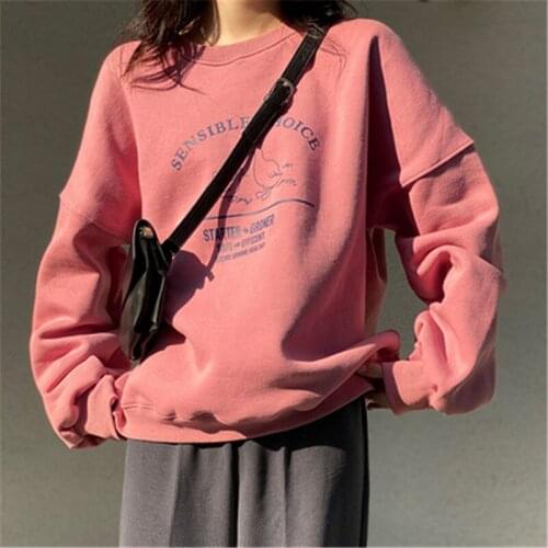 Womens Sweatshirt Winter Korean Vintage Cartoon Embroidery Sweatshirts Plus Velvet Casual Oversized Pullovers Tops 2020