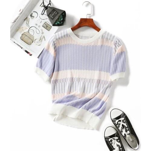 2019 Summer Thin Sweater Womens Shirt Round neck Short Sleeve Knit Patchwork Stripes Hit Color Korean Fresh Sweet Basic Tops