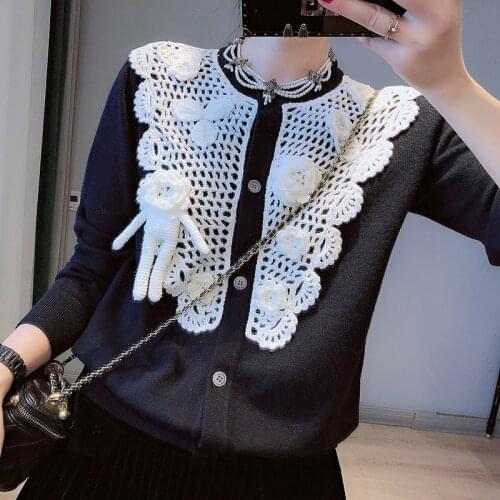 Black Sweater Cardigan with White Hollow Out Crochet Cute Cardigan Women 2021 Autumn Winter O Neck Loose Retro Knitted Cardigan