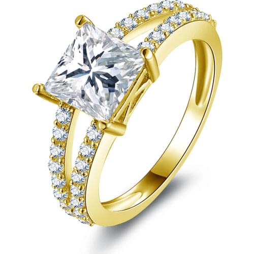 QYI Classic Real 14K Solid Yellow Gold Split Band Engagement Ring Sona Simulated Diamond Wedding Bands For Women