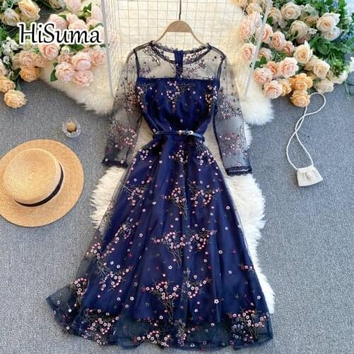 2021 spring summer new women O-neck flower embroidery waist mesh lace A-line dress female Chic elegant slim gauze party dresses