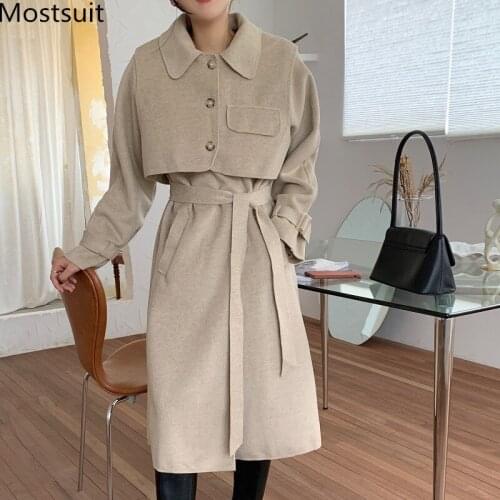Korean Elegant Women Woolen Long Coat With Vest 2020 Winter Belted Turn-down Collar Pockets Female Overcoats Vintage Blend Coat