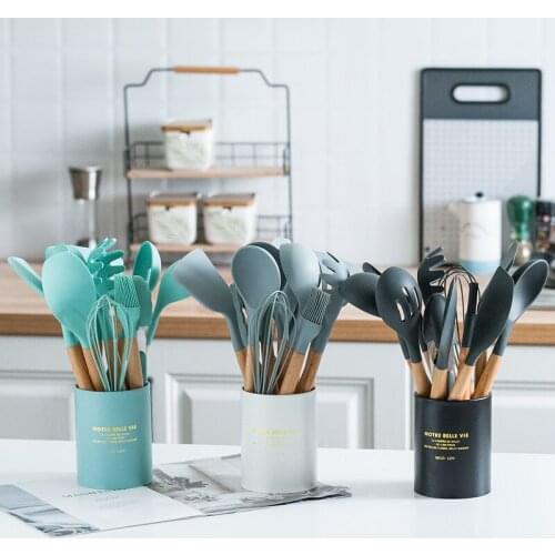 12Pcs/Set Silicone Kitchen Utensils Cooking Non-stick Spatula Shovel Tongs Soup Ladle Wooden Handle Stainless Steel Storage Box