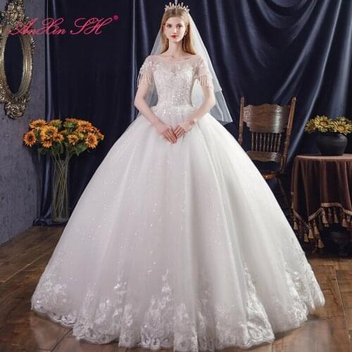 AnXin SH princess flower white lace wedding dress party vintage beading crystal o neck ruffles sparkly white wedding dress