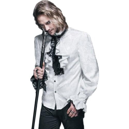 British Style Steampunk Victorian White Blouses With Tie Collar Plus Size 3XL Gothic Mens Long Sleeve Dress Shirt For Mans