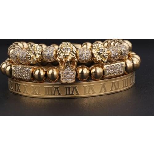 New Luxury Men Jewelry Bracelet CZ Micro Pave Crown Lion Ball Charm Stainless Steel Beads Custom Elastic Bracelet Set Men Women