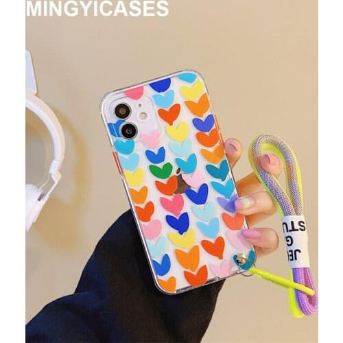 For iphone 12 Case Color Love Heart Pattern Cover for Iphone Xr 11 Pro Max 7 8 Plus Xs Max X 12 Pro Case with Fluorescent Strap