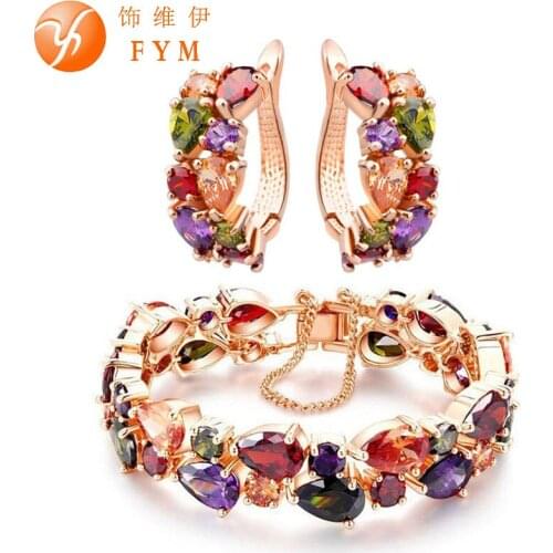 FYM Rose Gold Color Jewelry Sets for Women Party Mona Lisa Colorful Crystal Bracelet Earrings Multicolor Jewelry Set Wholesale