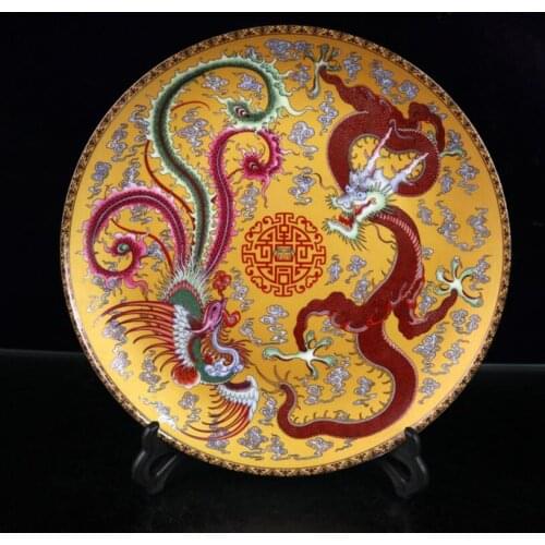 China Pastel ceramic dragon phoenix dish crafts statue