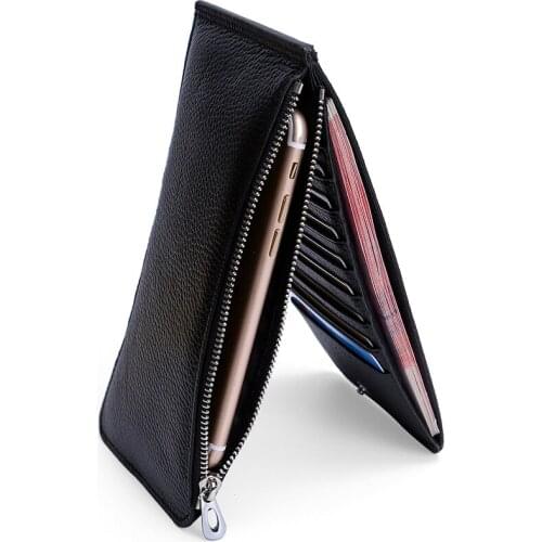 New Fashion Black Card Bag Genuine Leather Men RFID Credit Card Holder Multifunctional Long Wallet