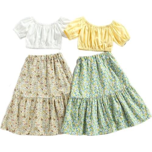 2Pcs Kids Girls Casual Suit Set, Summer Solid Color O-Neck Short Sleeve Crop Tops+ Floral Print Long Skirt, 2-7 Years