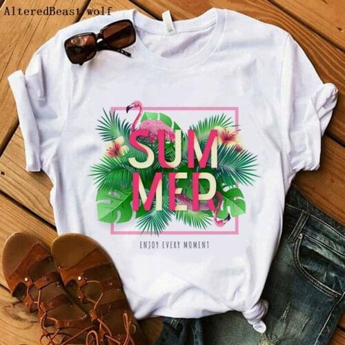 SUMMER Women t Shirt Flamingo Life Painting Flower Womens Clothes Ladies Kawaii t shirt Graphic Print women vogue t shirt 2019
