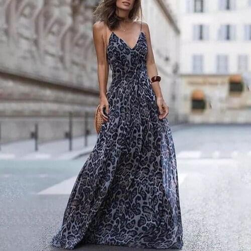 Fashion Sexy Leopard Dress Women V Neck Spaghetti Strap Maxi Dresses Elegant Backless Lace Up Summer Sleeveless Dress Women 2021