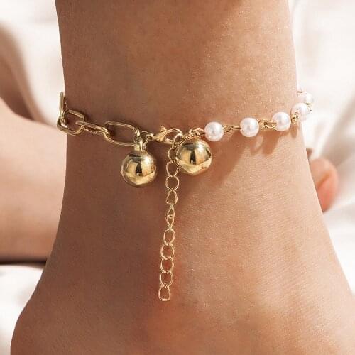 Docona Trendy Pearl Foot Chains for Women Girls Bohemia Gold Color Round Bead Alloy Anklets Party Jewelry Accessories 13324