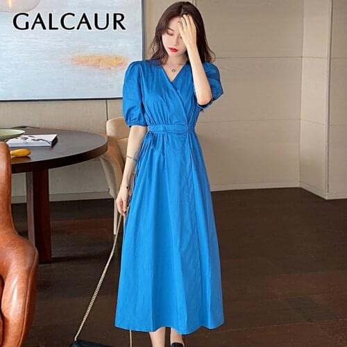 GALCAUR Elegant Tunic Womens Dress V Neck Lantern Sleeve High Waist Ruched Large Size Clearance Sale Dresses Female 2021