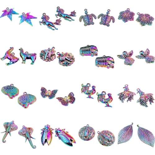 10pcs New Rainbow Color Alloy horse flower Leaves angel butterfly Pendant charms for jewelry diy Handmade Accessories Connector