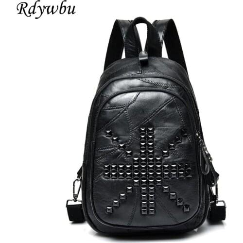 Rdywbu Brand Rivet Genuine Leather Backpacks Womens Sheepskin Punk Travel Chest Bag Girl Lambskin Pockets Seams School Bag H244