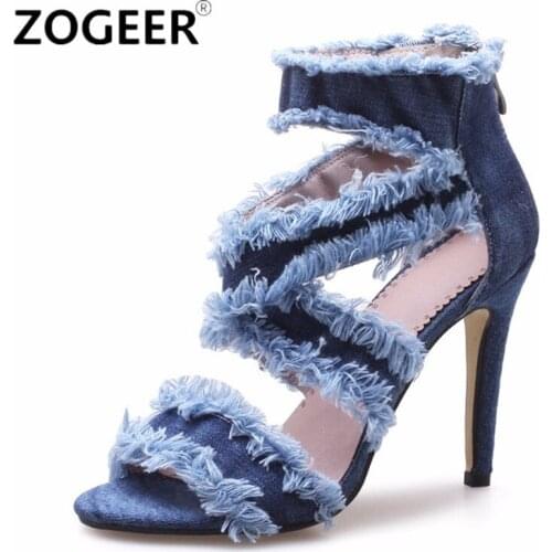 Fashion Jeans Summer Sandals Women Blue Denim Ankle Strap High Heels Gladiator Sandals Female Sexy Cross Straps Party Shoes