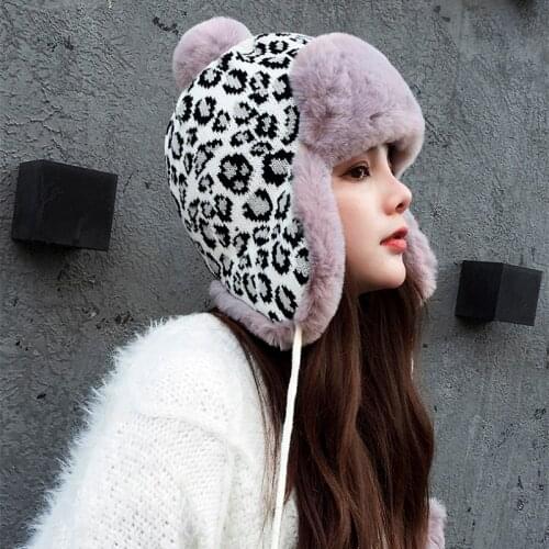 Cold Winter Women Ushanka Hat Caps Leopard Knitting Thick Warm Faux Fur Ear Protector Soft Fluffy Earflap Bomber Hats