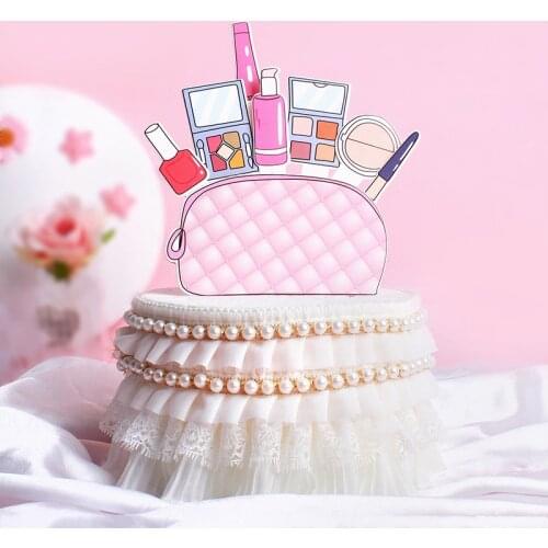 Cake Topper Cosmetic Bag Lipstick Mirror Can Write Happy Birthday Wedding Decoration Cupcake Decor Party Baking Supplies DIY New