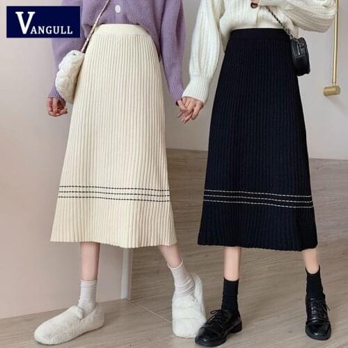 Vangull Casual Knitted Women Skirt 2021 Slim Elastic Waist Patchwork A-line Skirt Korean Chic Autumn New Wrap Hip Ladies Skirts