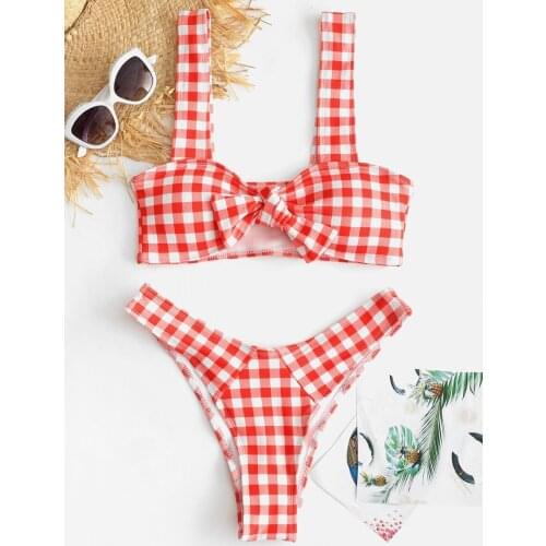Plaid Print 2021 Womens Bikini Set Red Colour Sexy Bow Casual Two-piece Swimsuit Split Sling Nylon Lovely Lady Swimsuit