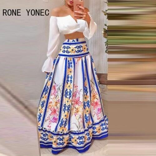 Women Chic V neck Off shoulder Long Flared Sleeves Solid Tops and All over Print bottoms skirt Sets