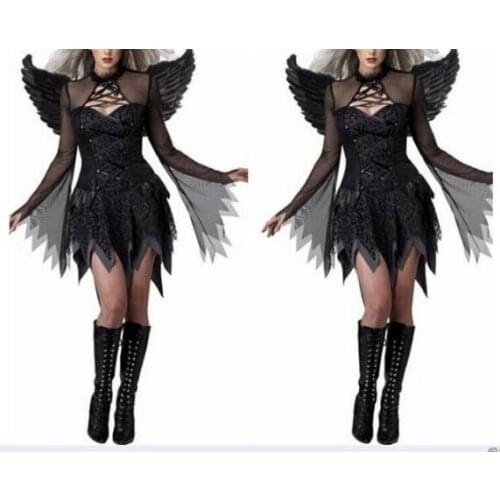 Women Sexy Dark Angel Costume Adult Halloween Cosplay Party Raven Black Fallen Angel Fancy Dresses Performance Clothing