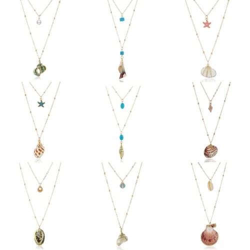 Fashion Summer Style Imitation Pearl Starfish Conch Seashell Pendant Necklace Gold Chain Shell Necklace for Women Beach Jewelry