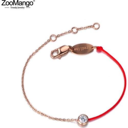 ZooMango Classic Titanium Steel CZ Crystal Charm Bracelets Bangles For Women Red Rope Chain Link Bracelet For Xmas Gifts ZB17061