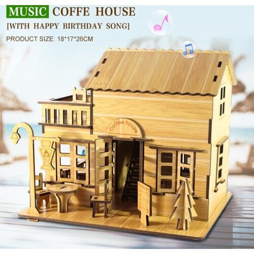 3D Wooden Puzzle Toys Jigsaw Architecture DIY House Villa Kids Boys Girls Educational Music Box House Paper Puzzle for Children
