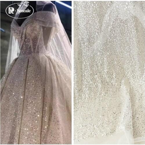 50CM--100CM Shiny Stars Beaded Sequins Embroidered Transparent Mesh Lace Fabric Dress Dress DIY Handmade Materials RS2968