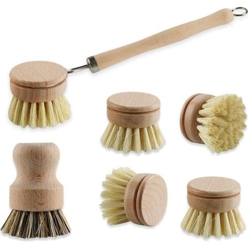 6 Piece Washing Up Brush Wooden Dish Brush Set with Natural Fibre Bristles and Wooden Handle - Wood Washing Brush with Interchan