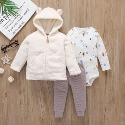 3PCS Infant Baby Clothing Sets 2019 Winter Bear zipper Coat Sweater+Pants+Bodysuit Newborn Baby Boy Girl Clothes Outfit 3-6M-24M