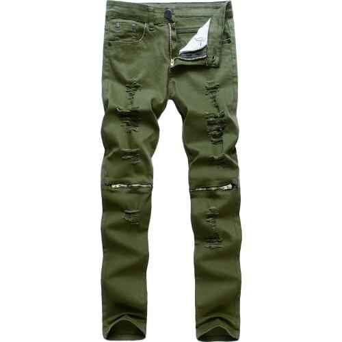 2021 mens red zipper decoration casual jeans white multi-zipper high stretch cotton trousers