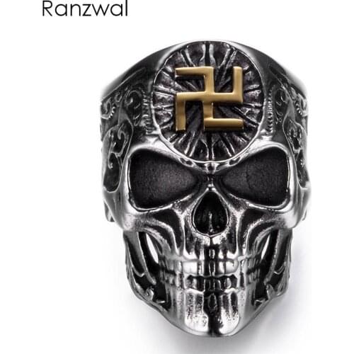 Ranzwal Punk Rock Men Stainless Steel Skull Ring Gothic Buddhist Word Swastika Skeleton Ring Vintage Jewelry US SIZE 8~13