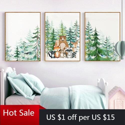 Woodland Animal Print Nursery Canvas Painting Nordic Poster Fox Deer Bear Wall Art Decor Pictures For Kids Baby Room Decor