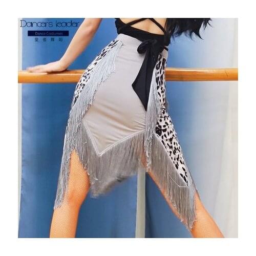 New latin tassel skirt women gray leopard pattern new skirt irregular dance practice skirt