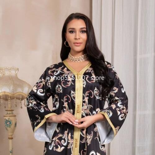 2021 New Fashion Abaya Dubai Middle East Turkey Arab Muslim Black Gold-Rimmed Printed Ladies Evening Dress