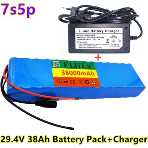 New 7S5P 29.4v 38Ah electric bicycle motor ebike scooter 24v li ion battery pack 18650 lithium rechargeable batteries+charger