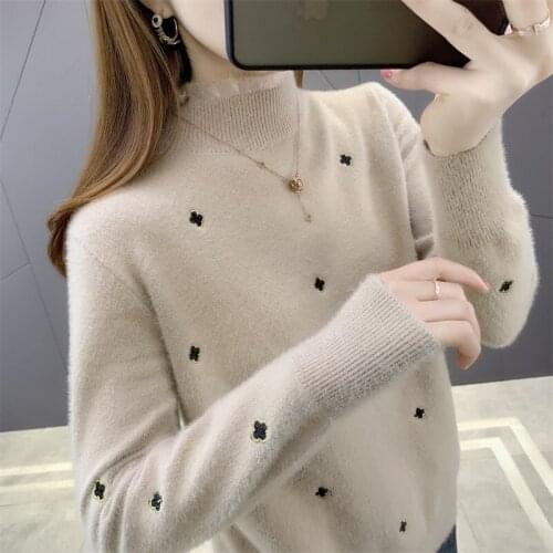 OHCLOTHING XH New autumn/winter 83885 female half a turtle neck lace knitting plush embroidery sweater 42